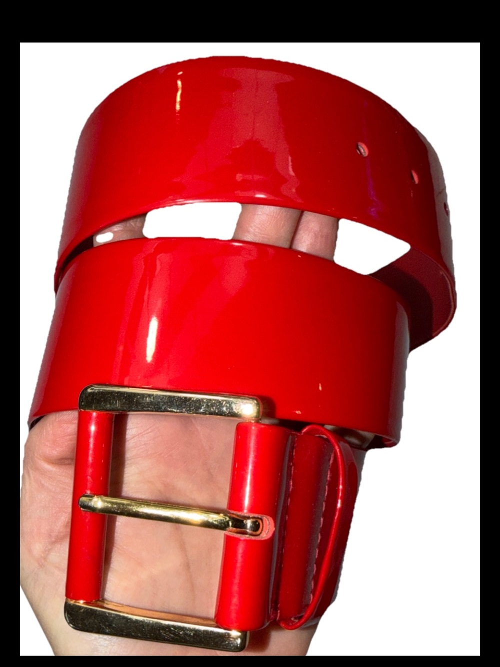 Collectif RED Shiny Vinyl Leather Belt Gold Square Buckle Women L Taiwan VINTAGE